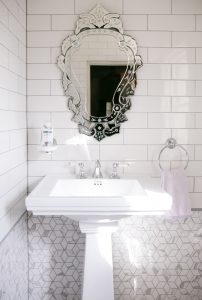 Stunning large ceramic pedestal basin accompanied with an incredible custom glazed mirror