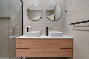Wall hung vanity with double basin